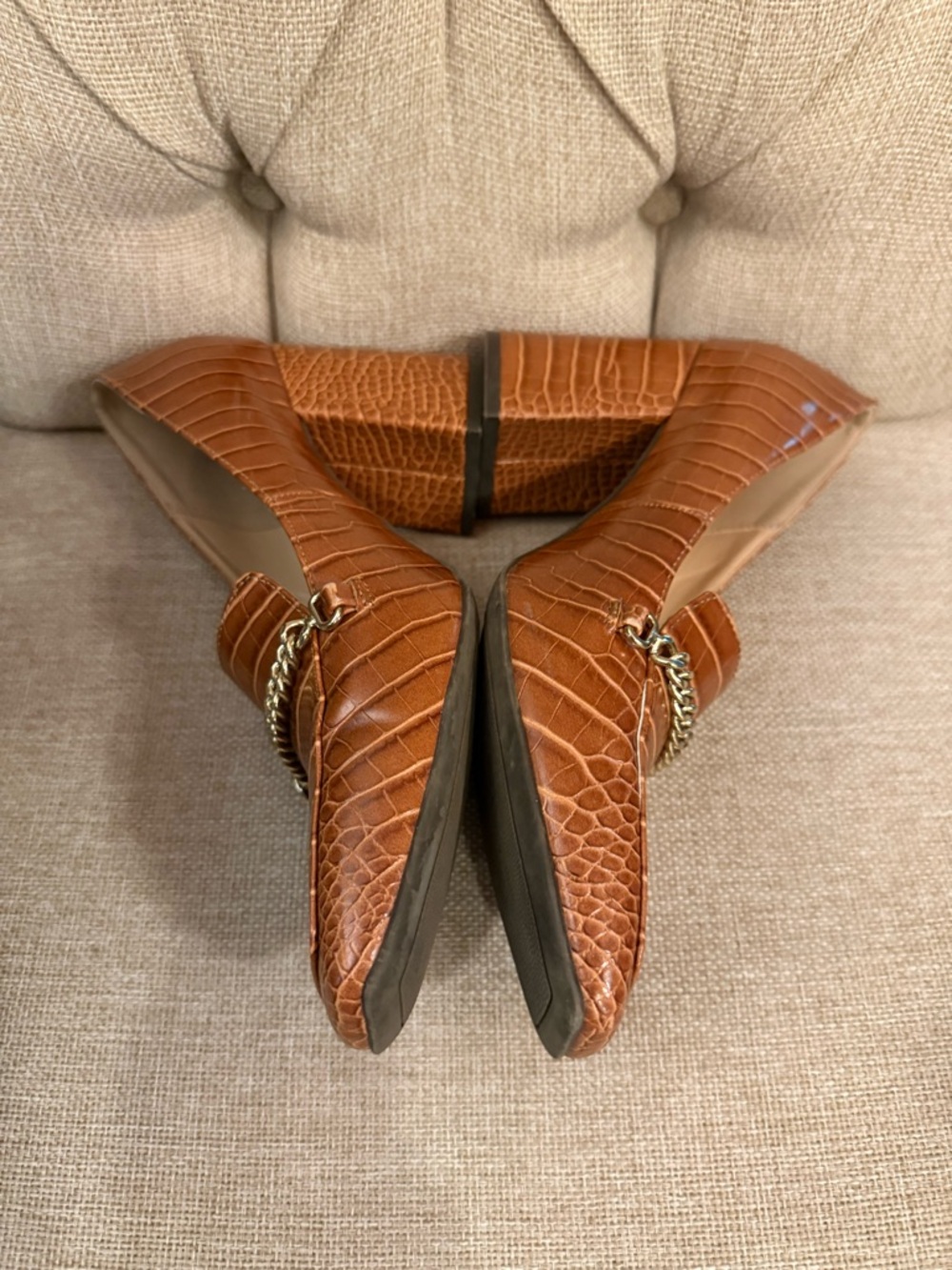 The Limited Benton Cognac Croc-Embossed Chain Loafers Chunky Heel 90s - Picture 5 of 10